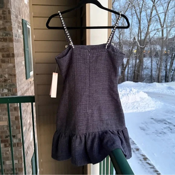 🆕 AQUA Tweed Drop Waist Mini Dress Exclusive Pearl Strap Bow Detail Size S Party - Picture 6 of 16